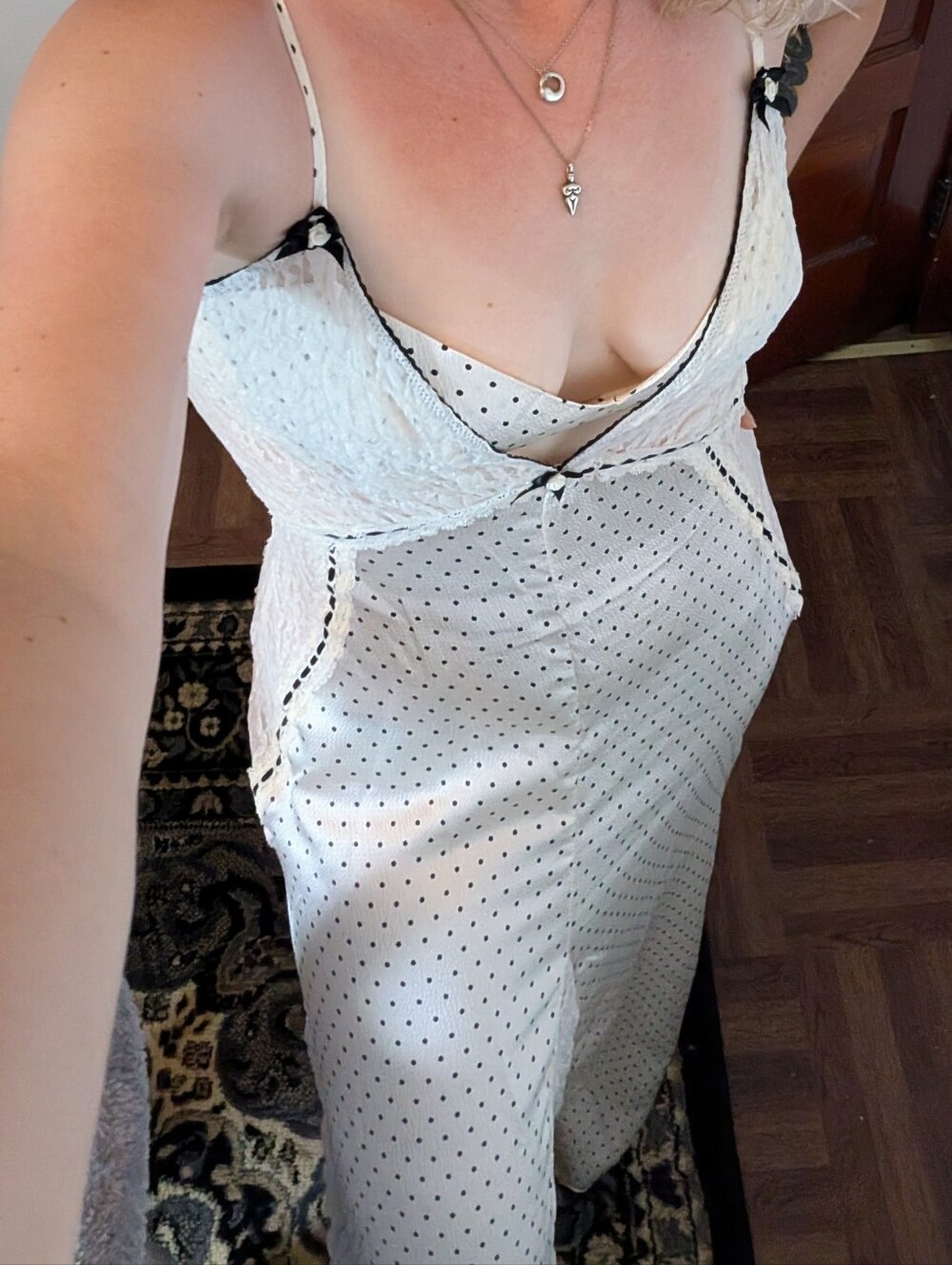 Free People White with Black Polka Dot Lace-Trim Slip Dress Sz M